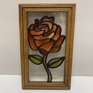 Vtg Faux Stained Glass Resin Red Rose Flower Fairytale Decor Suncatcher 12"x7"